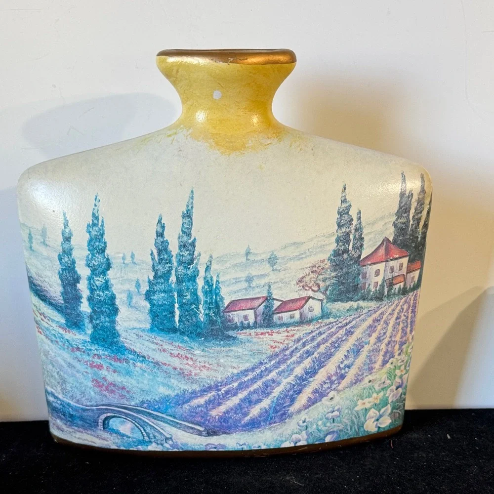 Country Side Farm Scene Vase Oblong Flattened Purple Flowers Lavender